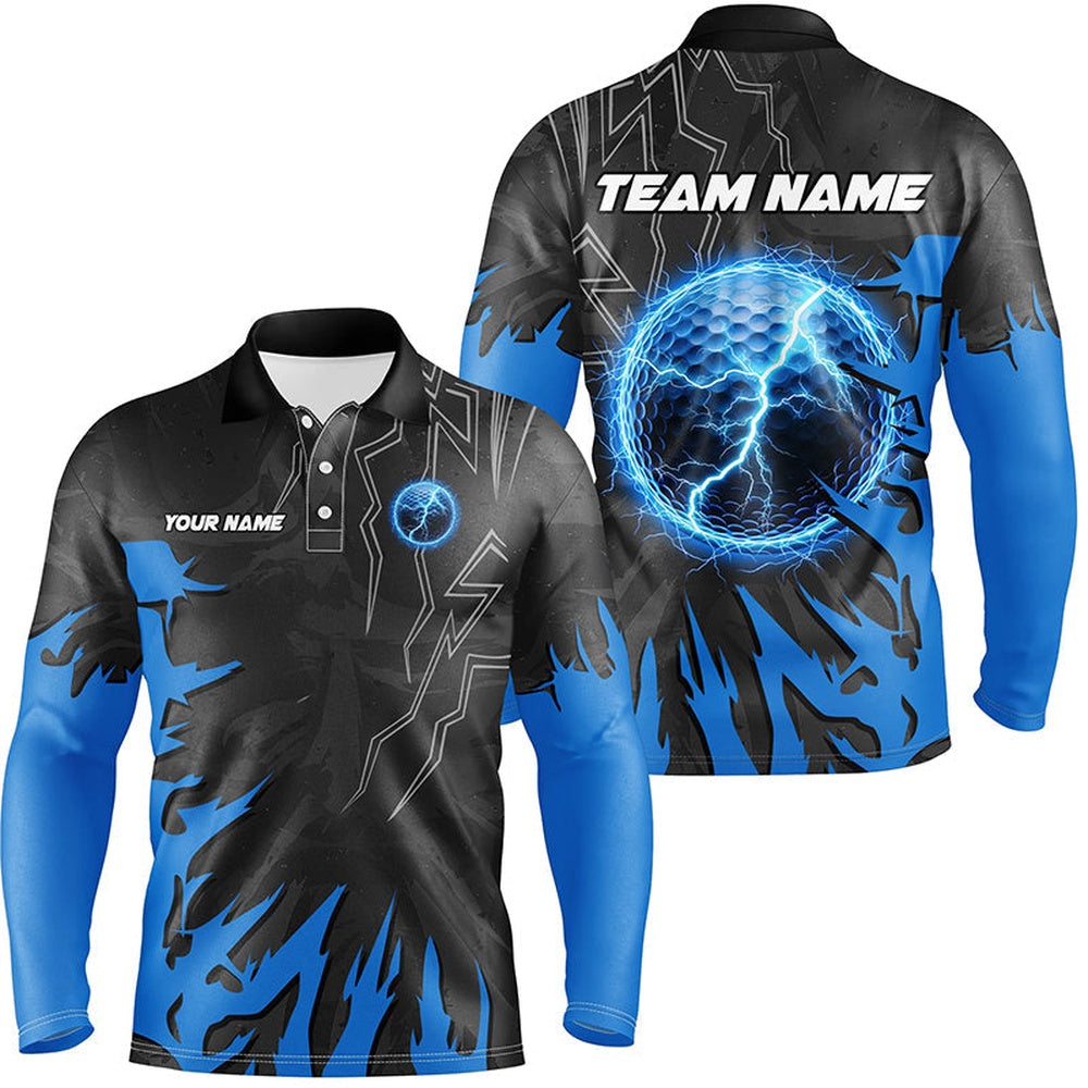 Golf Polo Shirts, Black And Blue Lightning Thunder Golf Ball Mens Golf Polo Shirts Custom Golf Outfits Men, Custom Golf Shirts