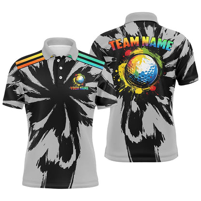 Golf Polo Shirts, Black And Gray Pattern Custom Watercolor Golf Ball Team Mens Golf Polos Shirts, Custom Golf Shirts