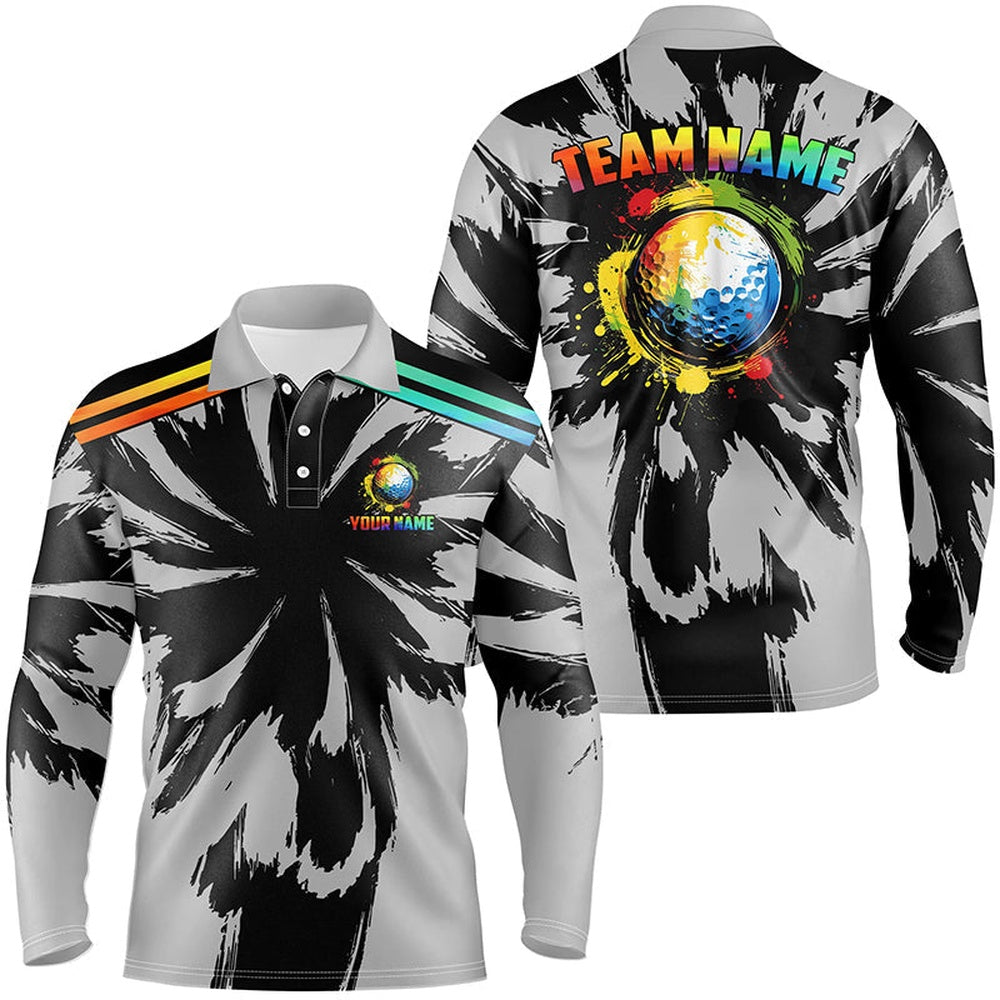 Golf Polo Shirts, Black And Gray Pattern Custom Watercolor Golf Ball Team Mens Golf Polos Shirts, Custom Golf Shirts