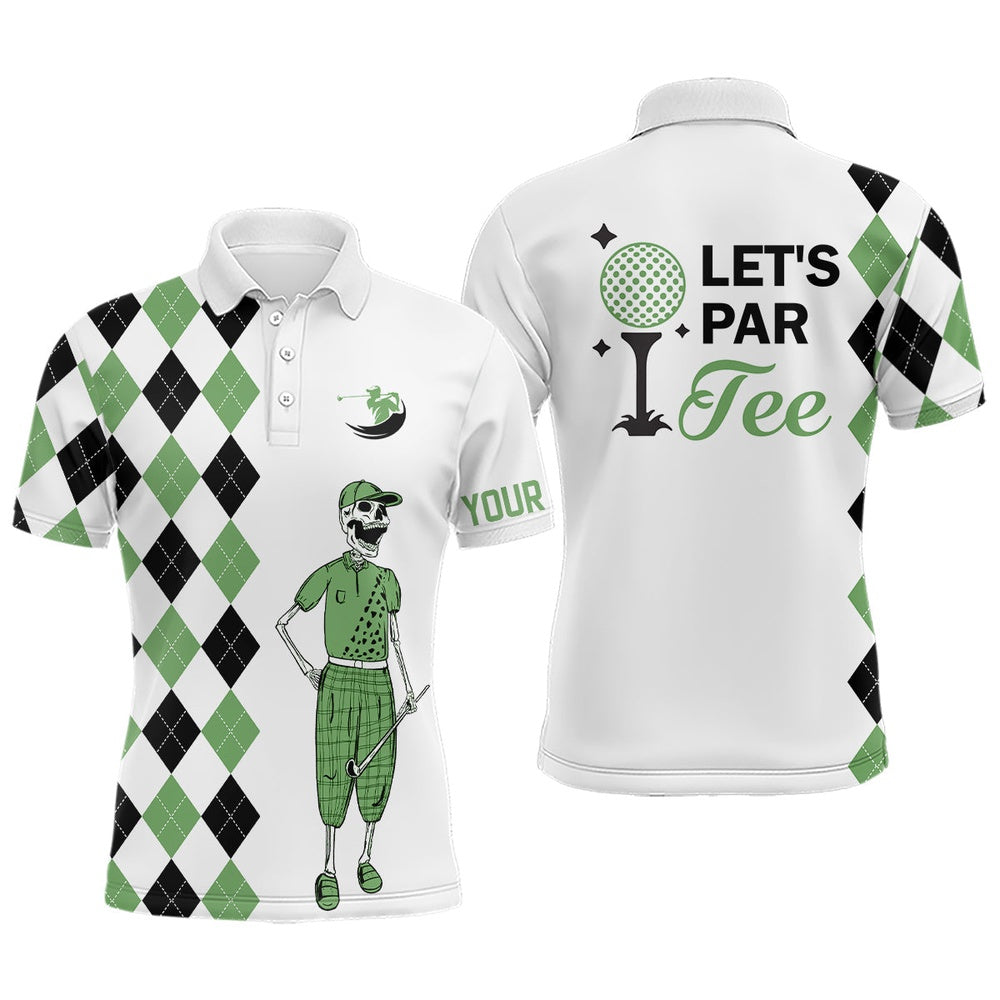 Golf Polo Shirts, Black And Green Argyle Pattern Mens Golf Polo Shirts Custom Let'S Par Tee Skull Golf Gifts For Mens, Custom Golf Shirts