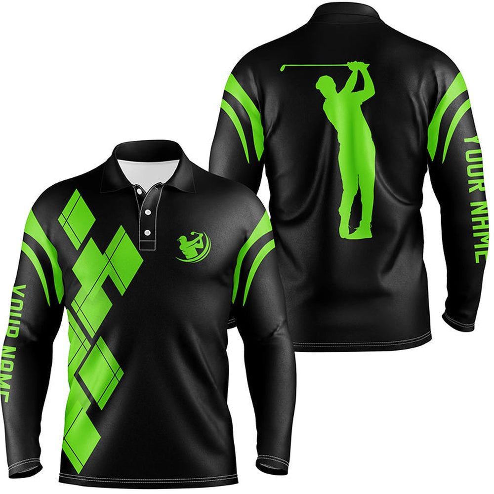 Golf Polo Shirts, Black And Green Argyle Pattern Mens Golf Polo Shirts Custom Team Golf Shirt For Men, Custom Golf Shirts