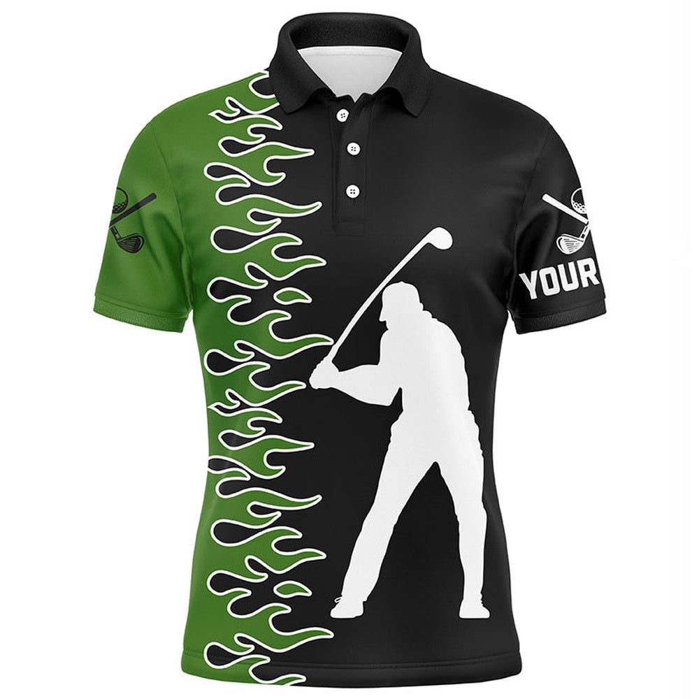 Golf Polo Shirts, Black And Green Flame Custom Mens Golf Polo Shirts, Golf Outfits Men Gifts For Golf Lovers, Custom Golf Shirts