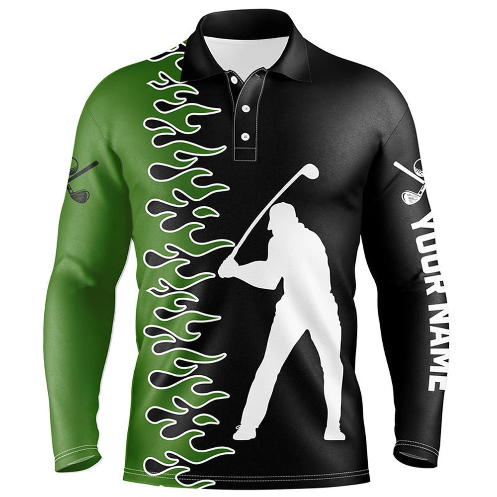 Golf Polo Shirts, Black And Green Flame Custom Mens Golf Polo Shirts, Golf Outfits Men Gifts For Golf Lovers, Custom Golf Shirts