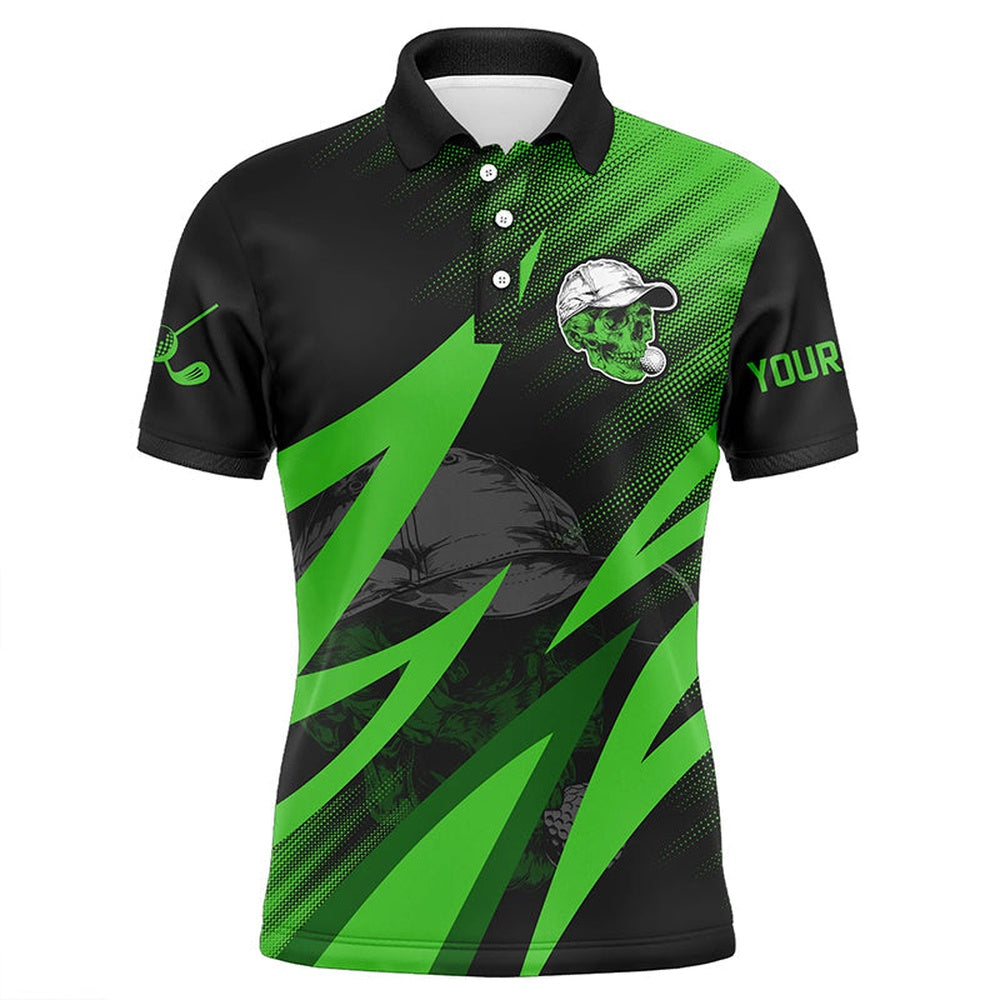 Golf Polo Shirts, Black And Green Golf Skull Mens Golf Polo Shirt Custom Golf Outfits Men, Cool Golf Gifts, Custom Golf Shirts