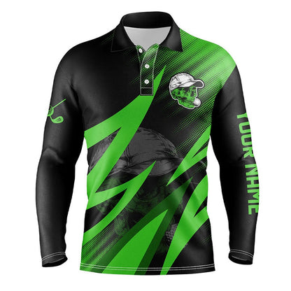 Golf Polo Shirts, Black And Green Golf Skull Mens Golf Polo Shirt Custom Golf Outfits Men, Cool Golf Gifts, Custom Golf Shirts