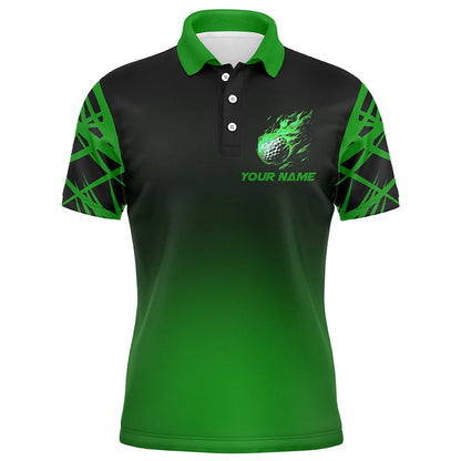 Golf Polo Shirts, Black And Green Gradient Golf Fire Custom Mens Golf Polo Shirts, Team Golf Tops For Men, Custom Golf Shirts