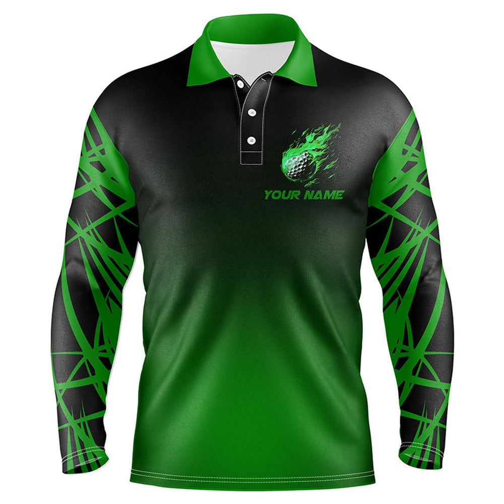 Golf Polo Shirts, Black And Green Gradient Golf Fire Custom Mens Golf Polo Shirts, Team Golf Tops For Men, Custom Golf Shirts