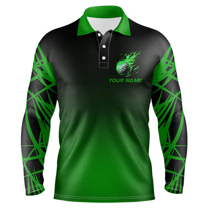 Golf Polo Shirts, Black And Green Gradient Golf Fire Custom Mens Golf Polo Shirts, Team Golf Tops For Men, Custom Golf Shirts