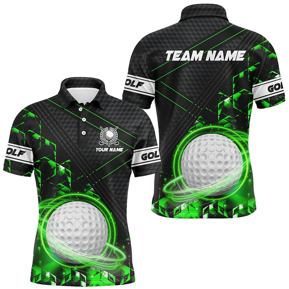Golf Polo Shirts, Black And Green Light Golf Ball Mens Golf Polo Shirts Custom Golf Apparel For Men, Custom Golf Shirts