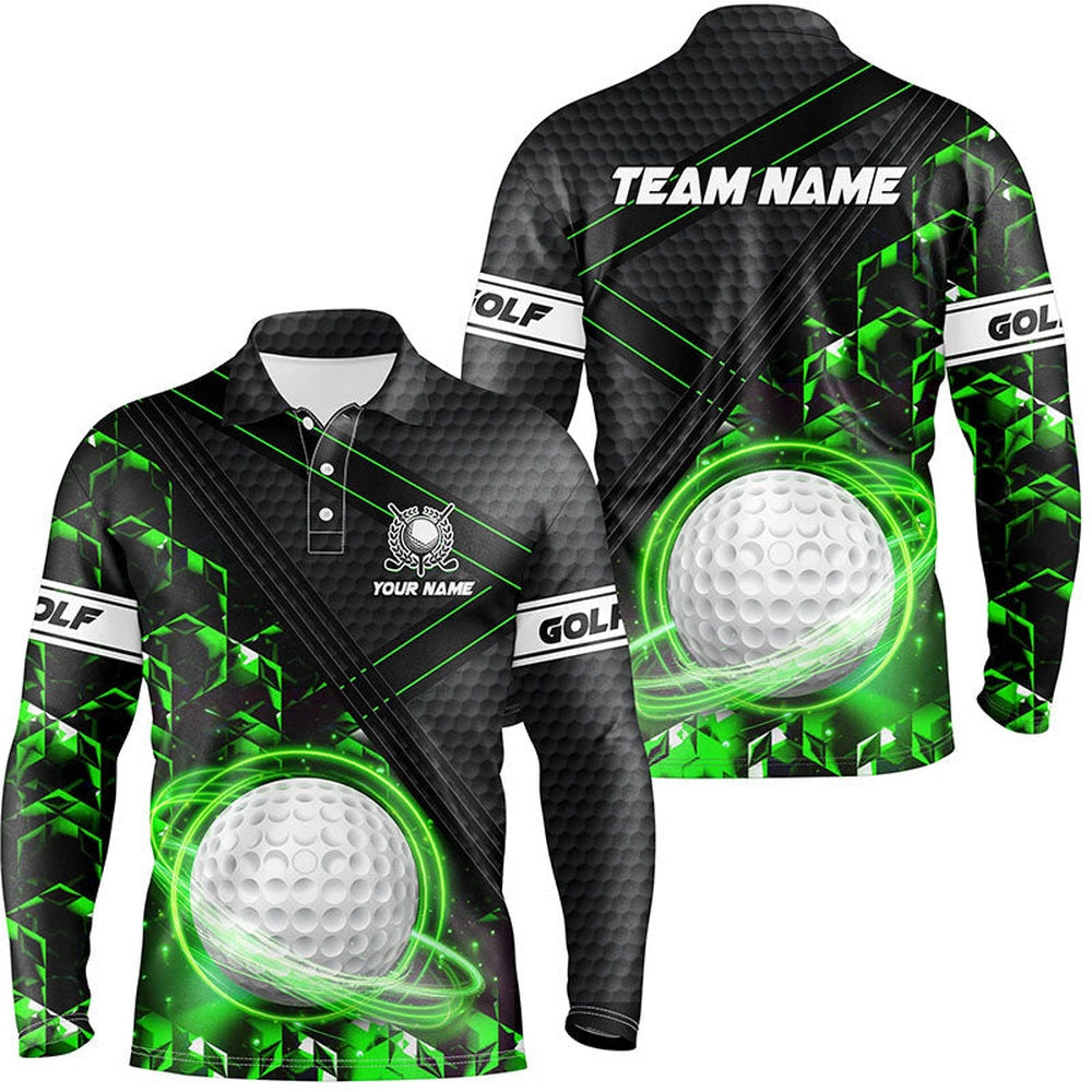 Golf Polo Shirts, Black And Green Light Golf Ball Mens Golf Polo Shirts Custom Golf Apparel For Men, Custom Golf Shirts