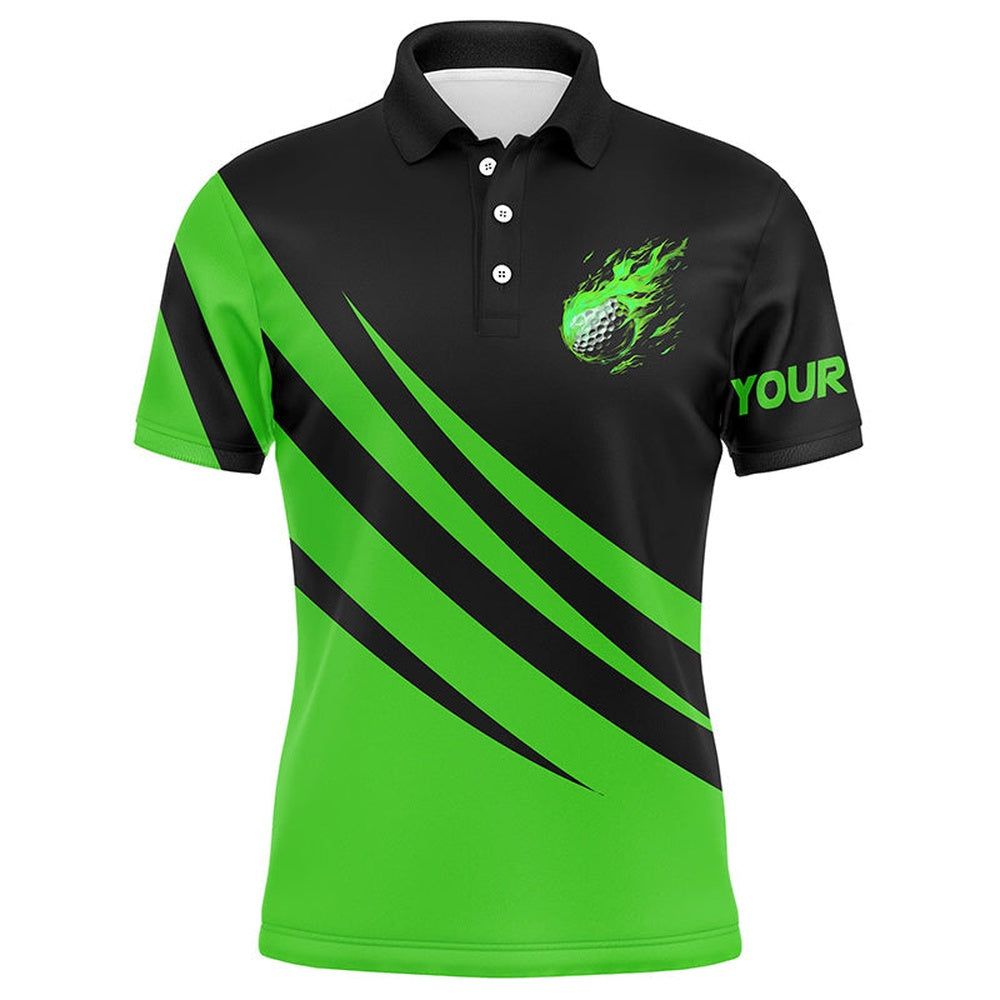 Golf Polo Shirts, Black And Green Mens Golf Polo Shirts Custom Flame Golf Ball Fire Golf Tops For Men, Custom Golf Shirts