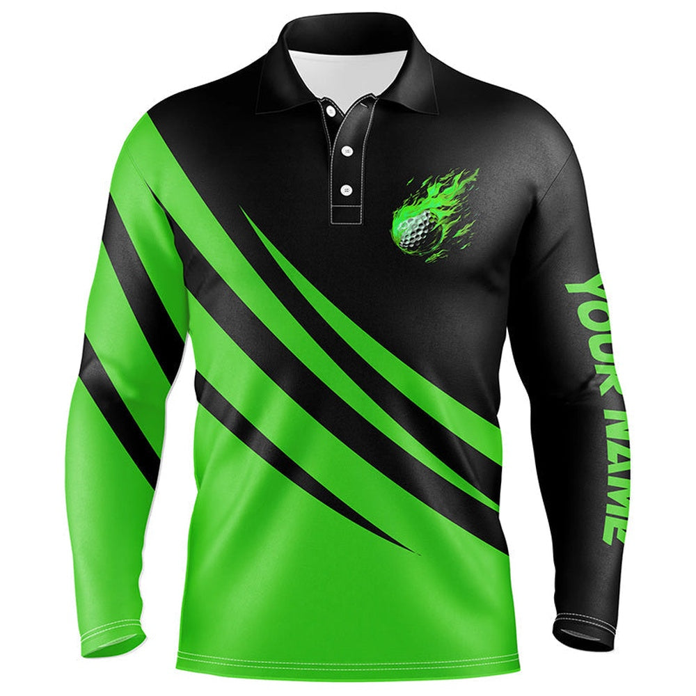 Golf Polo Shirts, Black And Green Mens Golf Polo Shirts Custom Flame Golf Ball Fire Golf Tops For Men, Custom Golf Shirts
