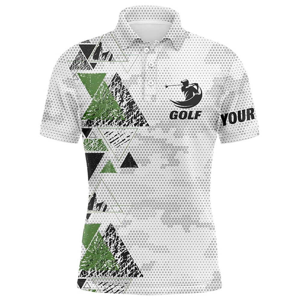 Golf Polo Shirts, Black And Green Triangle Custom Name Camo Mens Golf Polo Shirt, Best Mens Golf Wear, Custom Golf Shirts