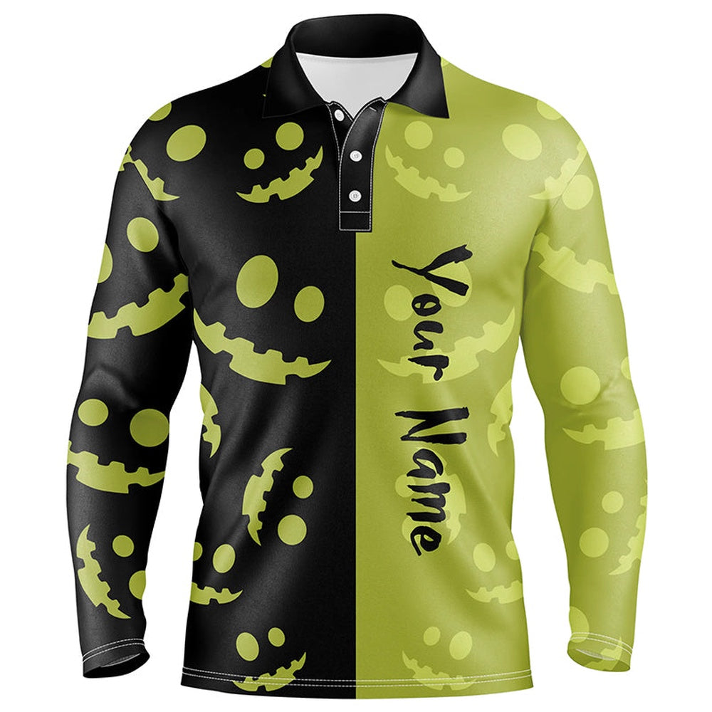 Golf Polo Shirts, Black And Lime Green Halloween Pumpkin Mens Golf Polo Shirt Custom Team Golf Jerseys For Men, Custom Golf Shirts