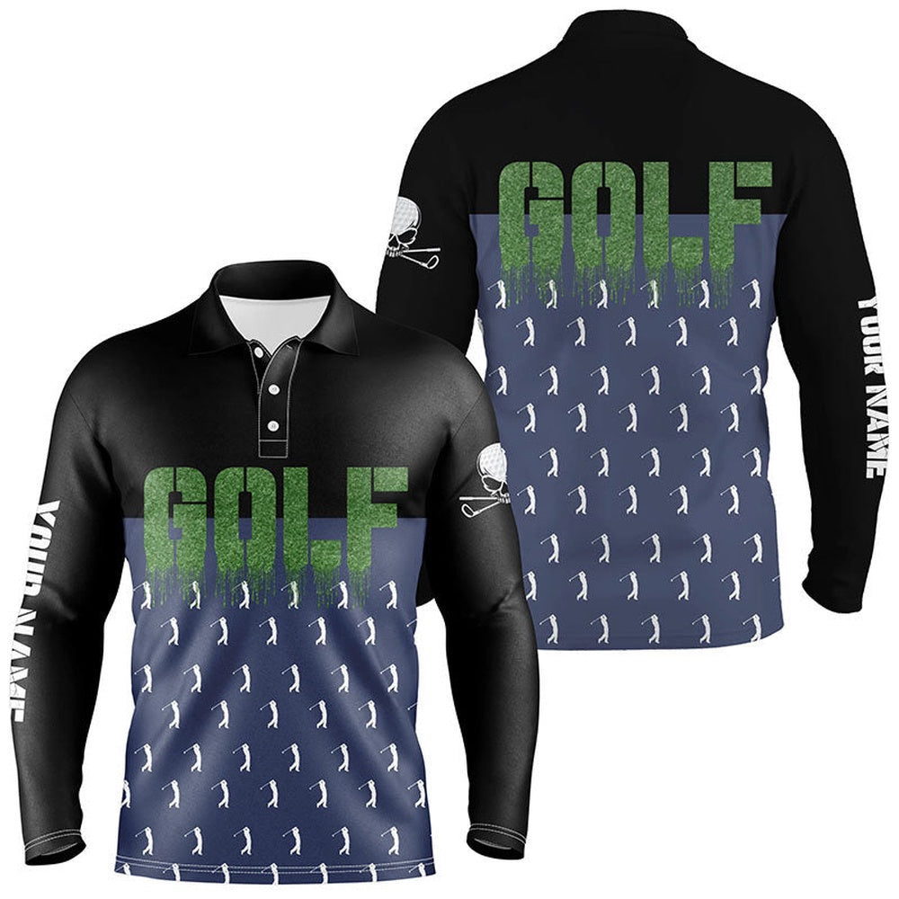 Golf Polo Shirts, Black And Navy Mens Golf Polo Shirts Personalized Funny Golf Shirts For Men, Skull Golfing Gifts, Custom Golf Shirts