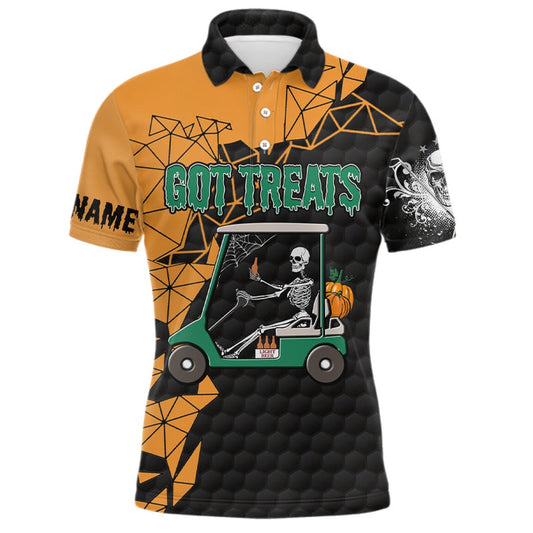 Golf Polo Shirts, Black And Orange Halloween Golf Skeleton Mens Golf Polo Shirts Custom Name Got Treats Golf Outfits Men, Custom Golf Shirts