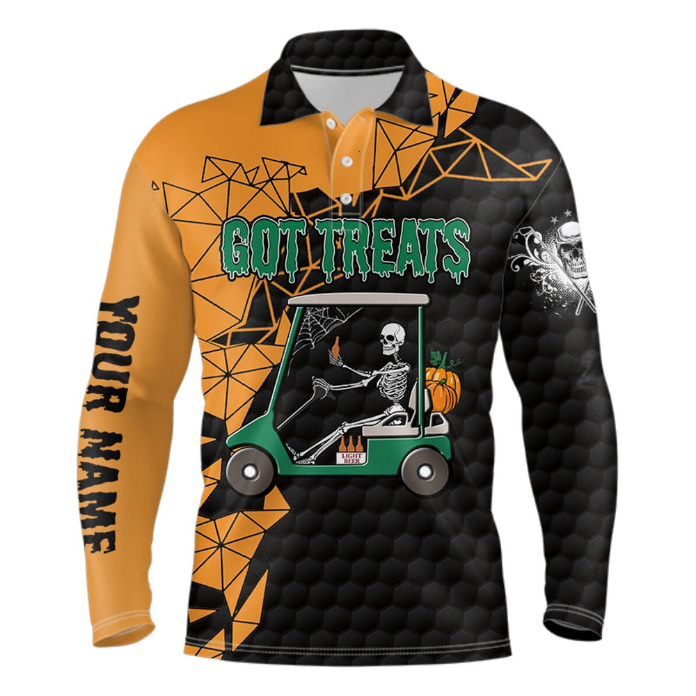 Golf Polo Shirts, Black And Orange Halloween Golf Skeleton Mens Golf Polo Shirts Custom Name Got Treats Golf Outfits Men, Custom Golf Shirts