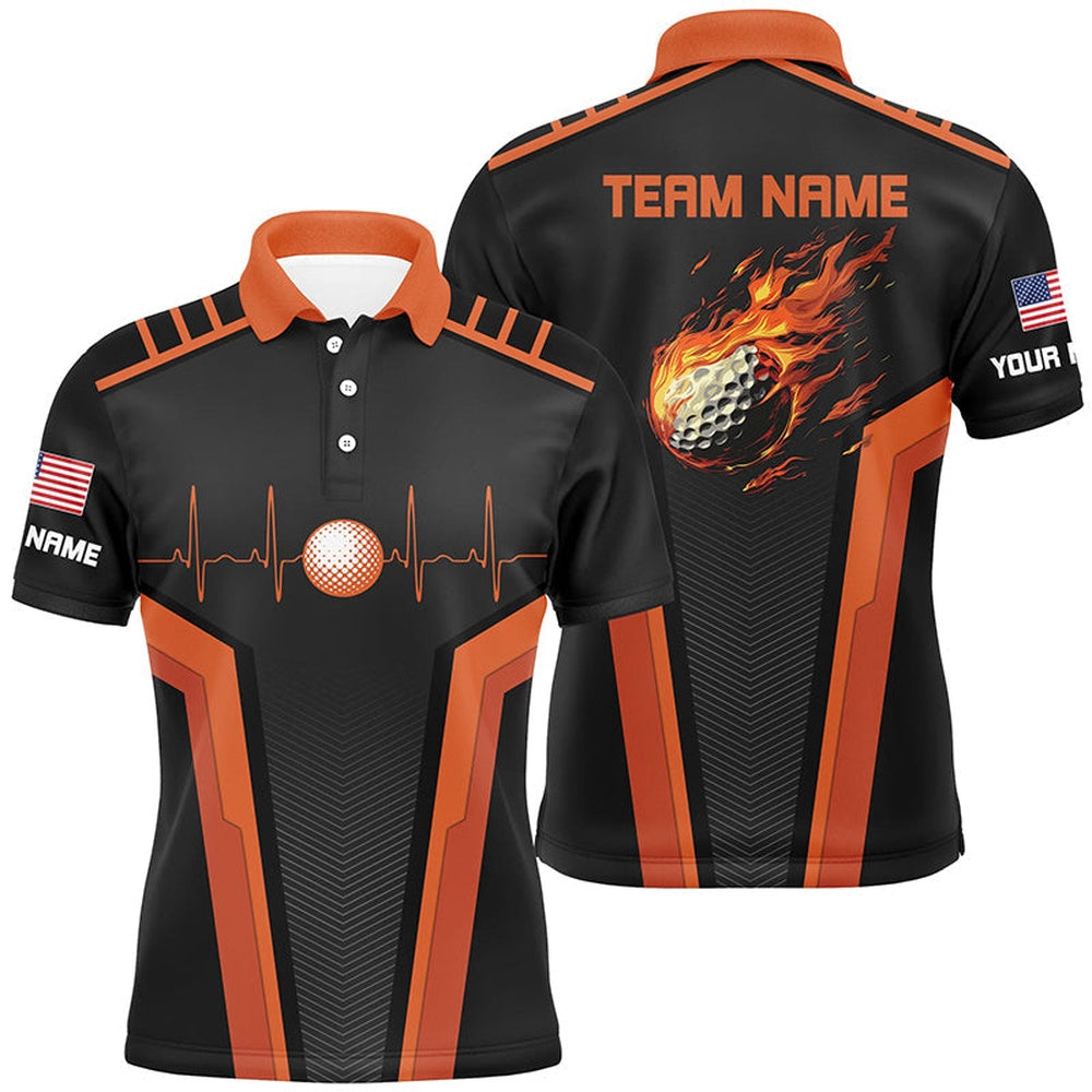 Golf Polo Shirts, Black And Orange Mens Golf Polo Shirt Custom Flame Golf Ball Team Golf Tops For Mens, Custom Golf Shirts