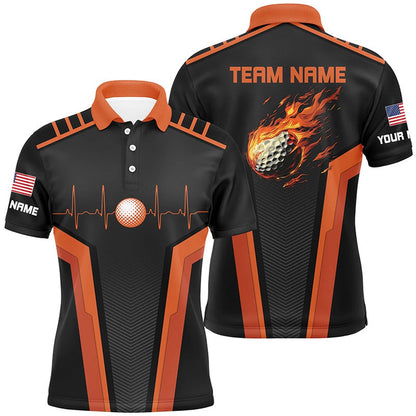 Golf Polo Shirts, Black And Orange Mens Golf Polo Shirt Custom Flame Golf Ball Team Golf Tops For Mens, Custom Golf Shirts