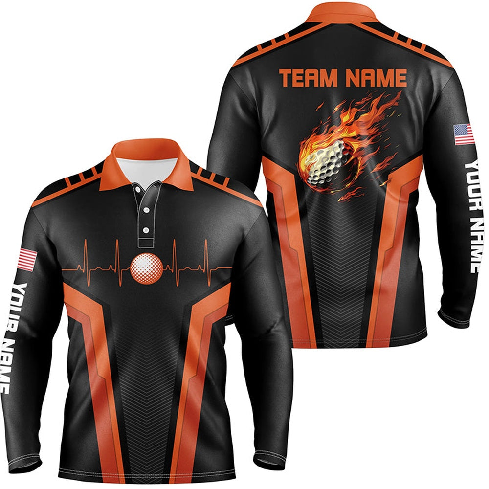 Golf Polo Shirts, Black And Orange Mens Golf Polo Shirt Custom Flame Golf Ball Team Golf Tops For Mens, Custom Golf Shirts
