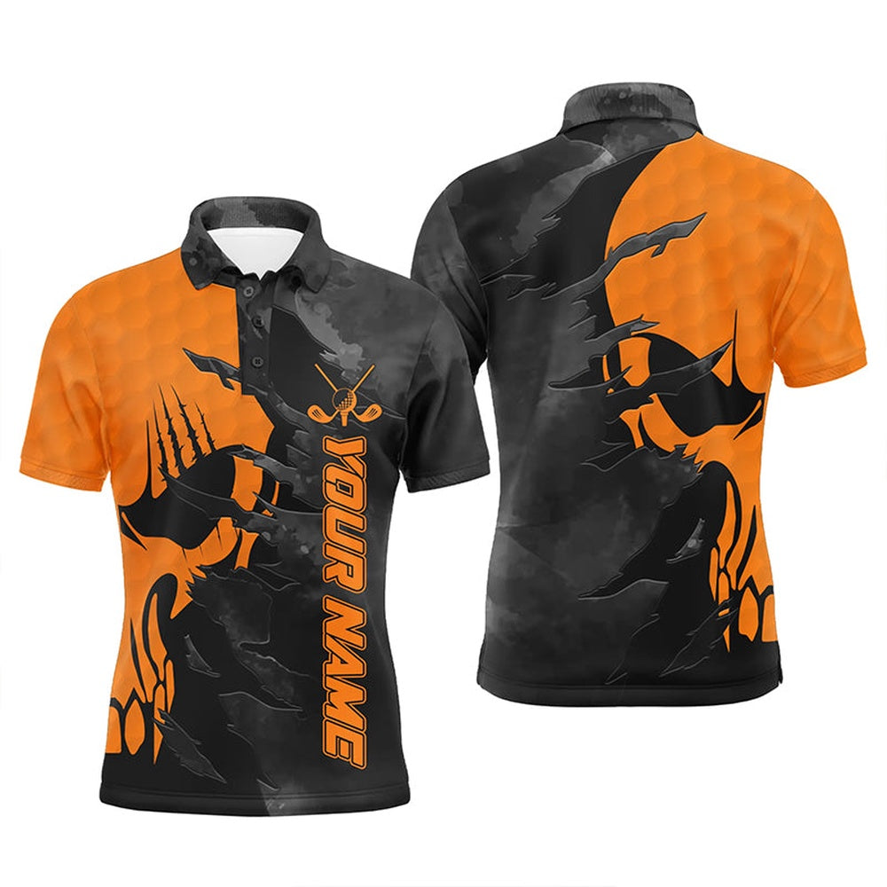 Golf Polo Shirts, Black And Orange Mens Golf Polos Shirts Custom Name Golf Skull Shirts For Men, Custom Golf Shirts