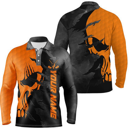 Golf Polo Shirts, Black And Orange Mens Golf Polos Shirts Custom Name Golf Skull Shirts For Men, Custom Golf Shirts