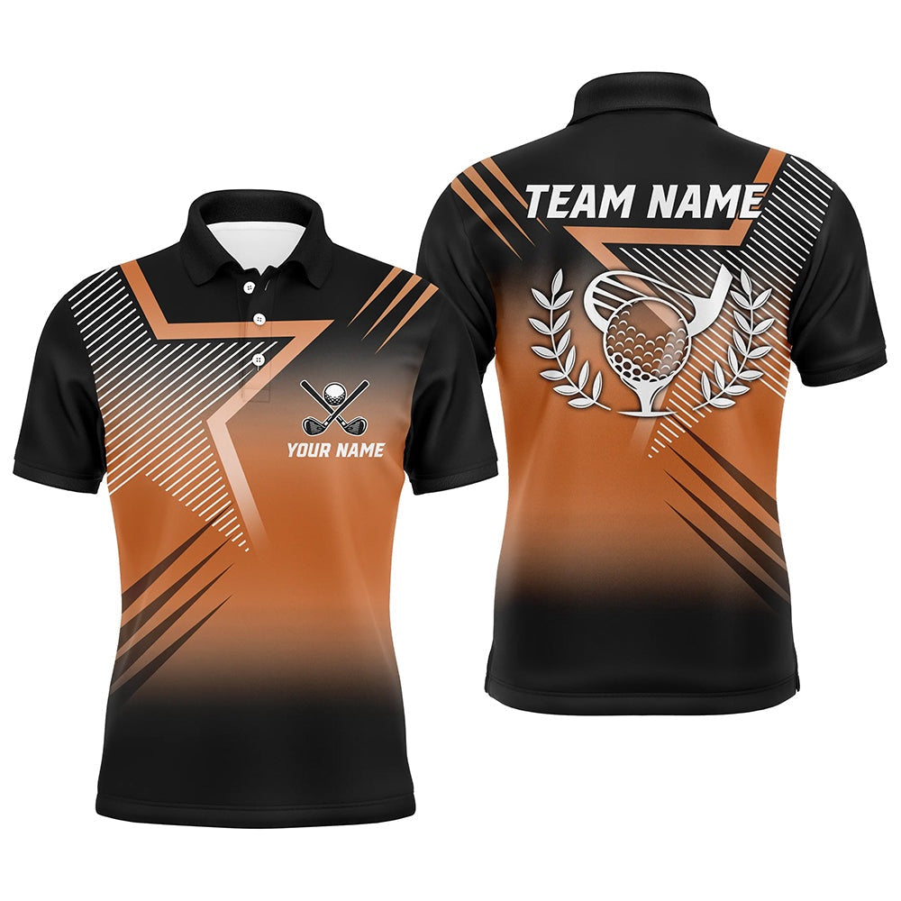 Golf Polo Shirts, Black And Orange Star Pattern Mens Golf Polo Shirts Custom Men'S Golf Apparel, Custom Golf Shirts