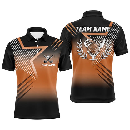 Golf Polo Shirts, Black And Orange Star Pattern Mens Golf Polo Shirts Custom Men'S Golf Apparel, Custom Golf Shirts