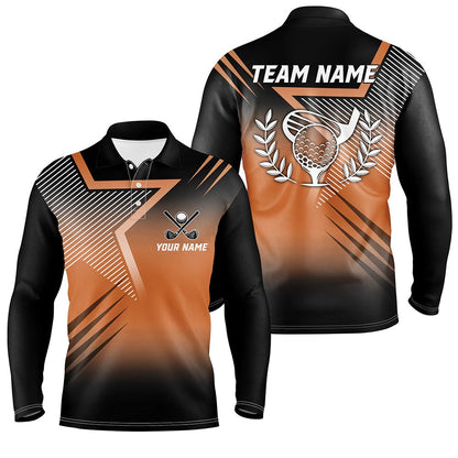 Golf Polo Shirts, Black And Orange Star Pattern Mens Golf Polo Shirts Custom Men'S Golf Apparel, Custom Golf Shirts