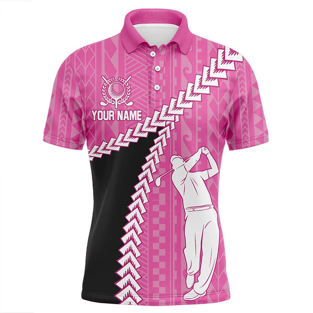 Golf Polo Shirts, Black And Pink Hawaiian Tribal Pattern Men Golf Polo Shirts Custom Golf Clothes For Men, Golfer Gifts, Custom Golf Shirts