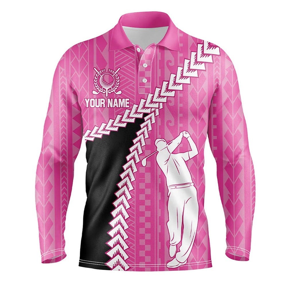 Golf Polo Shirts, Black And Pink Hawaiian Tribal Pattern Men Golf Polo Shirts Custom Golf Clothes For Men, Golfer Gifts, Custom Golf Shirts