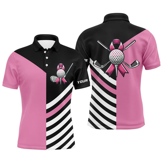 Golf Polo Shirts, Black And Pink Ribbon Golf Ball Clubs Men Golf Polo Shirts Custom Breast Cancer Awareness Golf Shirts, Custom Golf Shirts