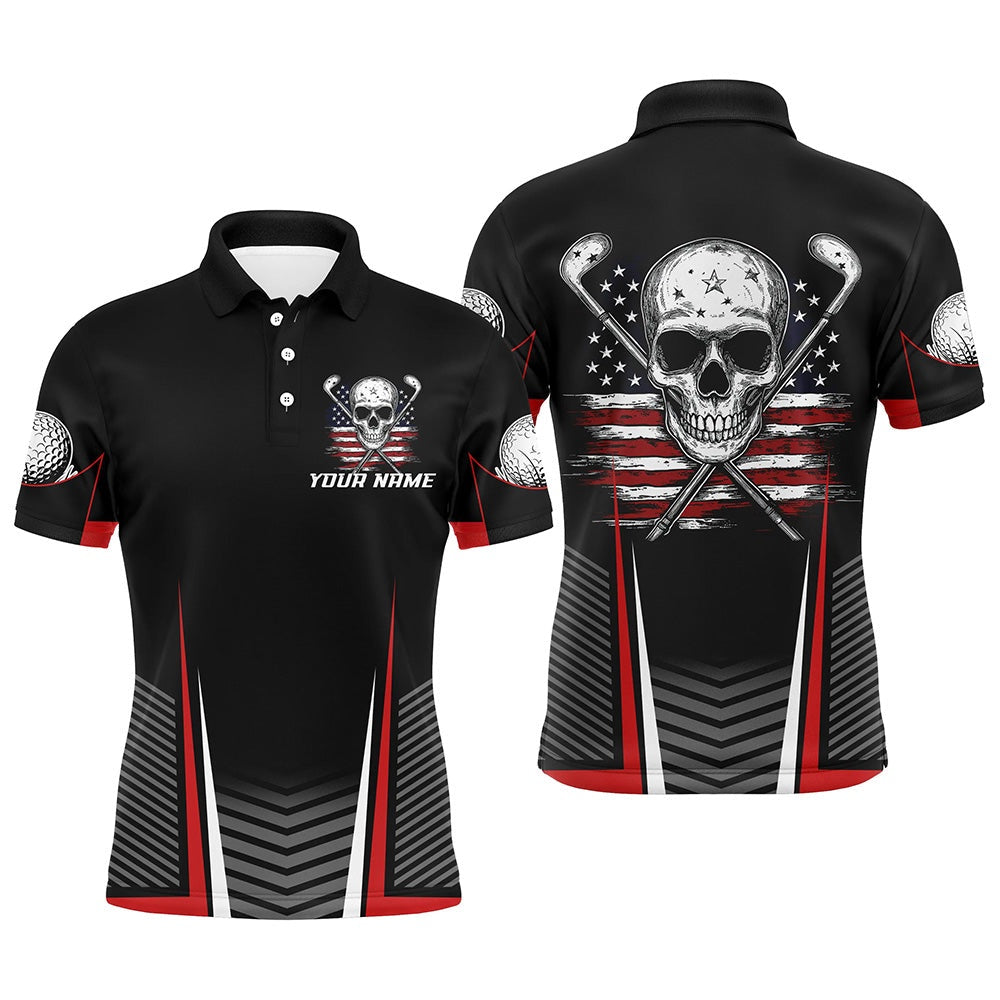 Golf Polo Shirts, Black And Red American Flag Golf Clubs Skull Men Golf Polo Shirts Custom Patriotic Golf Team Jerseys, Custom Golf Shirts