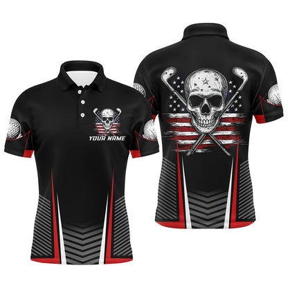 Golf Polo Shirts, Black And Red American Flag Golf Clubs Skull Men Golf Polo Shirts Custom Patriotic Golf Team Jerseys, Custom Golf Shirts