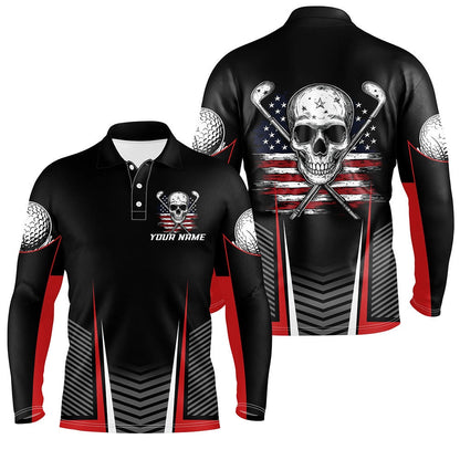 Golf Polo Shirts, Black And Red American Flag Golf Clubs Skull Men Golf Polo Shirts Custom Patriotic Golf Team Jerseys, Custom Golf Shirts