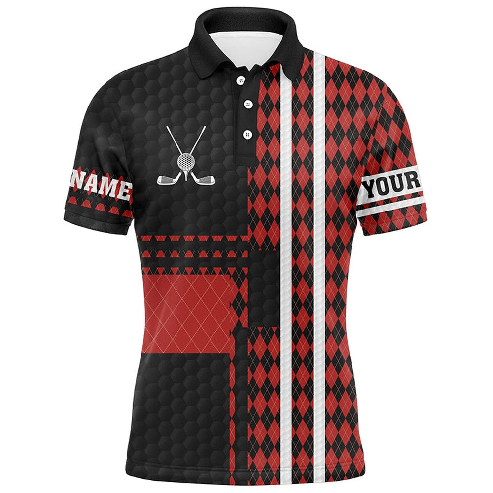 Golf Polo Shirts, Black And Red Argyle Pattern Mens Golf Polo Shirts Custom Golfing Gifts, Best Mens Golf Tops, Custom Golf Shirts