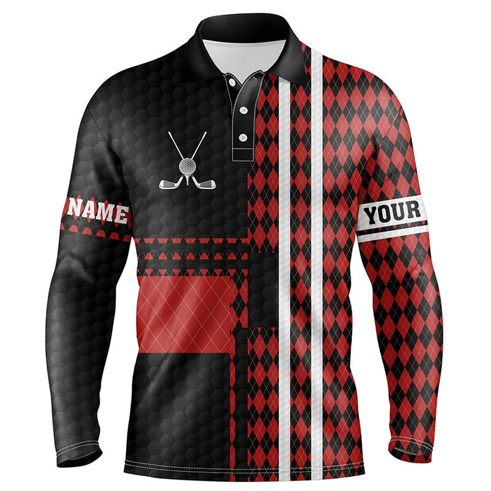Golf Polo Shirts, Black And Red Argyle Pattern Mens Golf Polo Shirts Custom Golfing Gifts, Best Mens Golf Tops, Custom Golf Shirts