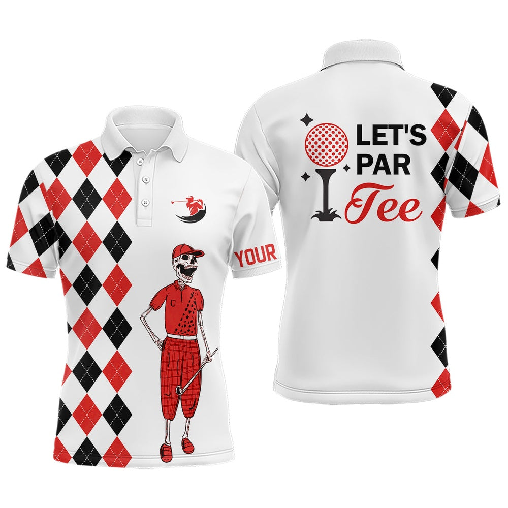 Golf Polo Shirts, Black And Red Argyle Pattern Mens Golf Polo Shirts Custom Let'S Par Tee Skull Golf Gifts For Mens, Custom Golf Shirts