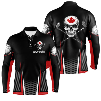 Golf Polo Shirts, Black And Red Canadian Flag Golf Clubs Skull Men Golf Polo Shirts Custom Patriotic Golf Team Jerseys, Custom Golf Shirts