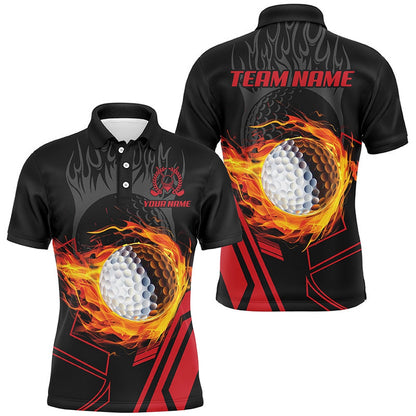 Golf Polo Shirts, Black And Red Flame Golf Ball Fire Mens Golf Polo Shirts Custom Cool Golf Attire For Men, Custom Golf Shirts