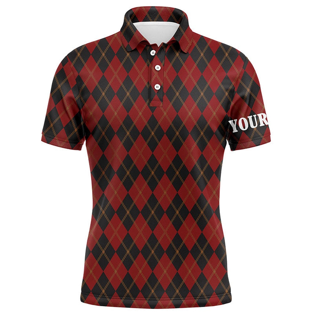 Golf Polo Shirts, Black And Red Flat Argyle Pattern Mens Golf Polo Shirt Custom Best Mens Golf Wear, Custom Golf Shirts