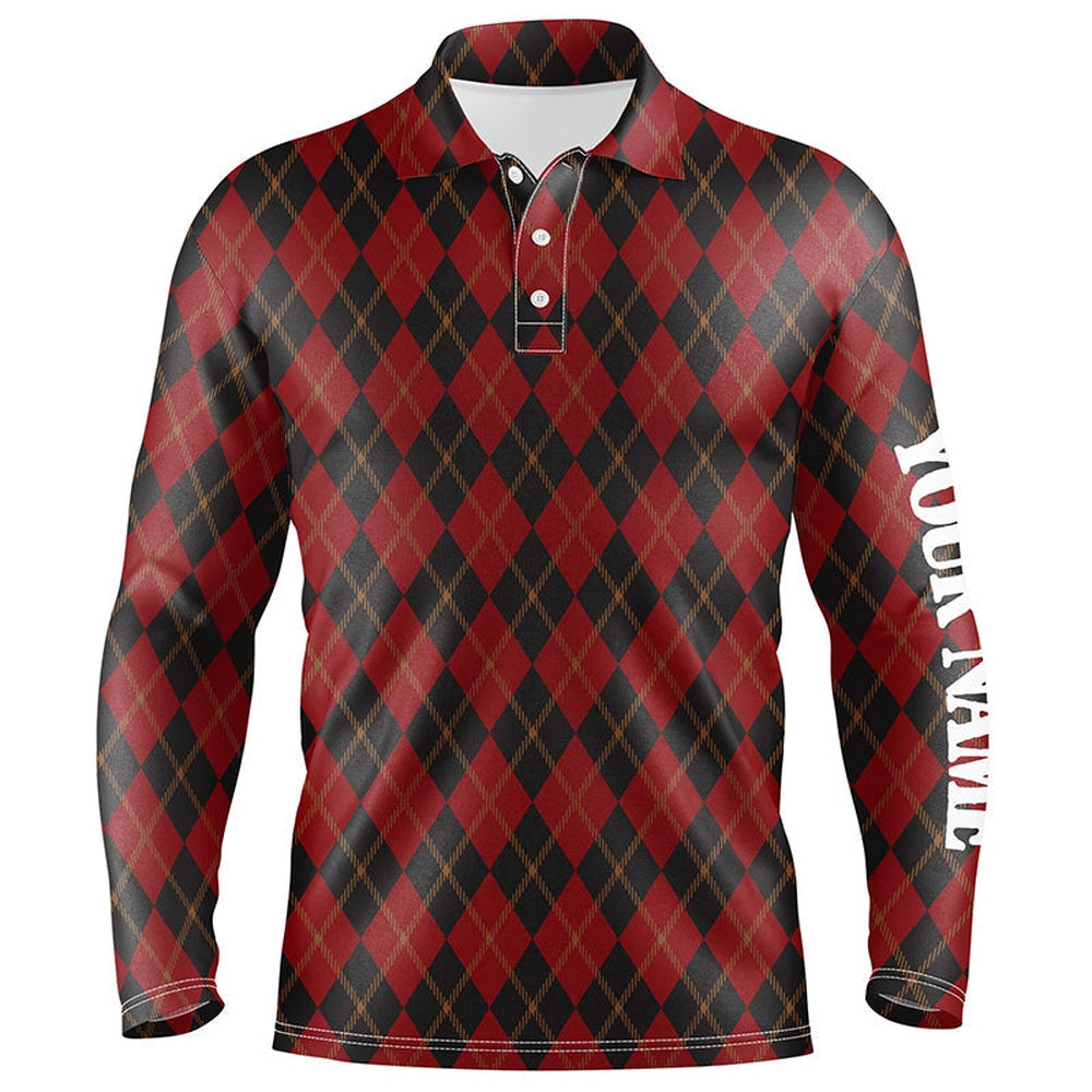 Golf Polo Shirts, Black And Red Flat Argyle Pattern Mens Golf Polo Shirt Custom Best Mens Golf Wear, Custom Golf Shirts
