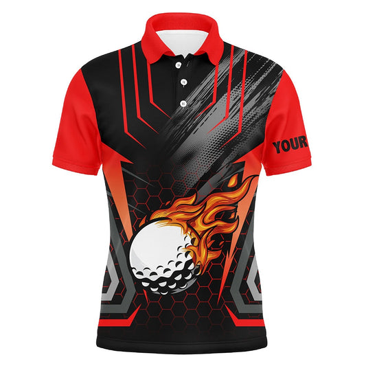 Golf Polo Shirts, Black And Red Golf Ball Fire Mens Golf Polo Shirts Custom Golfing Gifts, Best Mens Golf Tops, Custom Golf Shirts