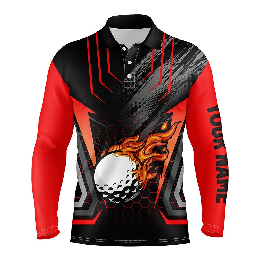 Golf Polo Shirts, Black And Red Golf Ball Fire Mens Golf Polo Shirts Custom Golfing Gifts, Best Mens Golf Tops, Custom Golf Shirts