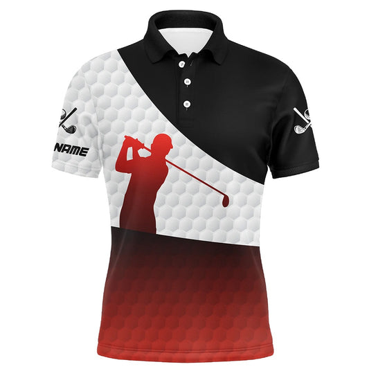 Golf Polo Shirts, Black And Red Gradient White Golf Ball Skin Custom Mens Golf Polo Shirts, Golf Attire For Men, Custom Golf Shirts