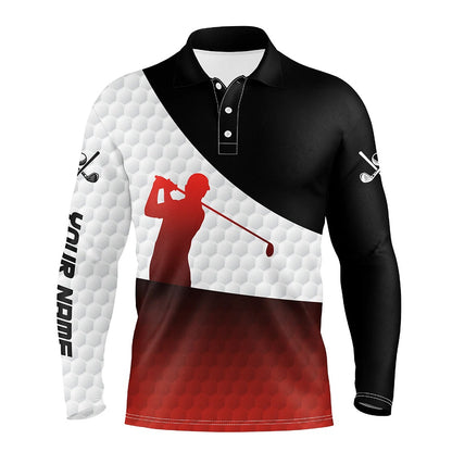 Golf Polo Shirts, Black And Red Gradient White Golf Ball Skin Custom Mens Golf Polo Shirts, Golf Attire For Men, Custom Golf Shirts