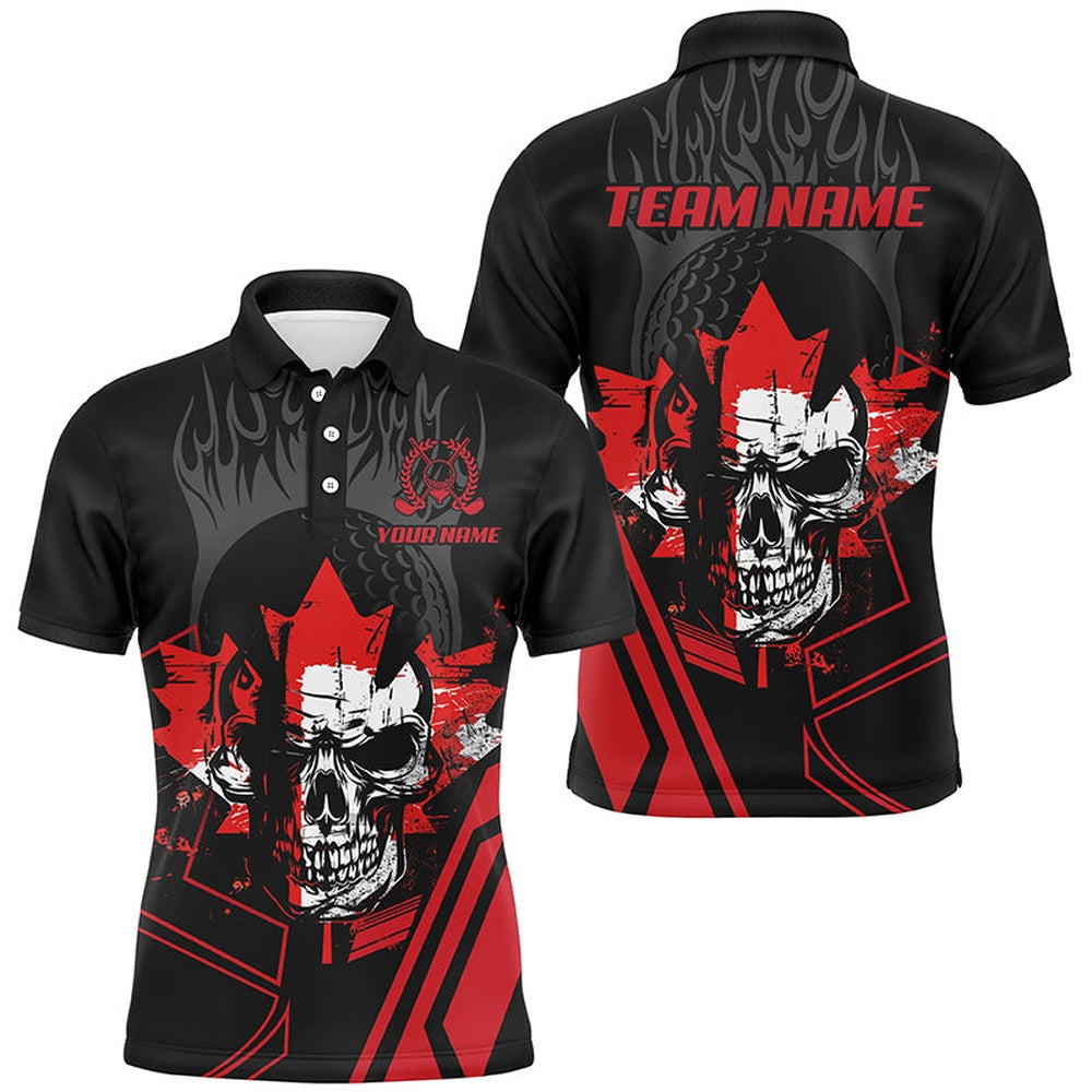 Golf Polo Shirts, Black And Red Skull Canadian Flag Mens Golf Polo Shirts Custom Patriotic Golf Attire For Men, Custom Golf Shirts