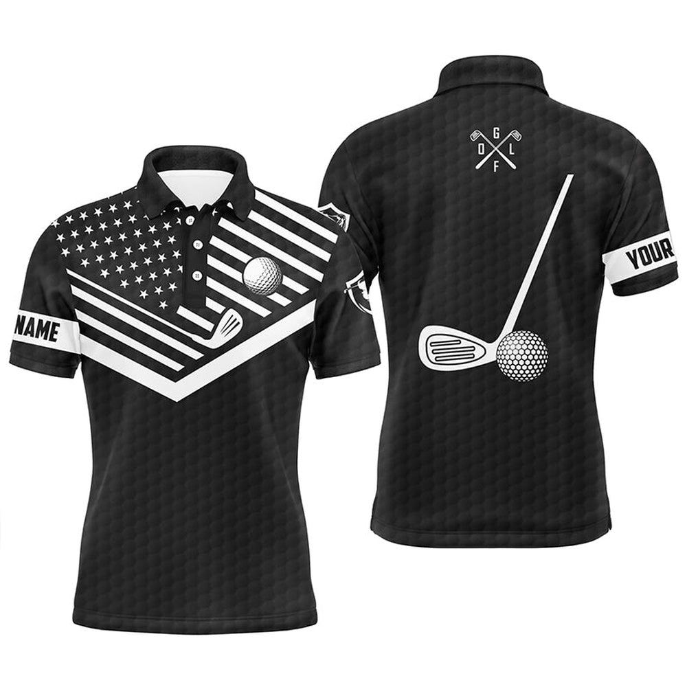 Golf Polo Shirts, Black And White American Flag Patriotic Golf Shirts For Men Custom Name Polo Golf Tops, Custom Golf Shirts