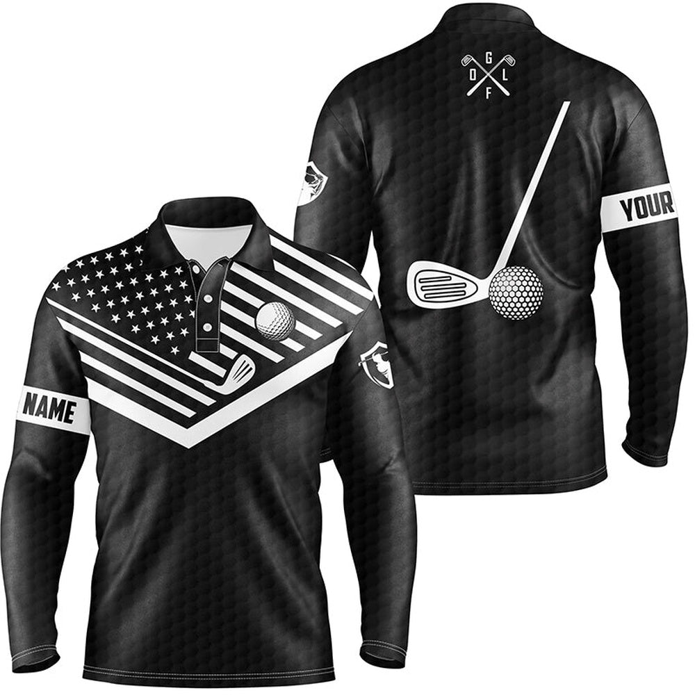 Golf Polo Shirts, Black And White American Flag Patriotic Golf Shirts For Men Custom Name Polo Golf Tops, Custom Golf Shirts