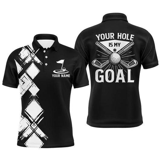 Golf Polo Shirts, Black And White Argyle Pattern Men Golf Polo Shirts Custom Golf Outfits Men Your Hole Is My Goal, Custom Golf Shirts